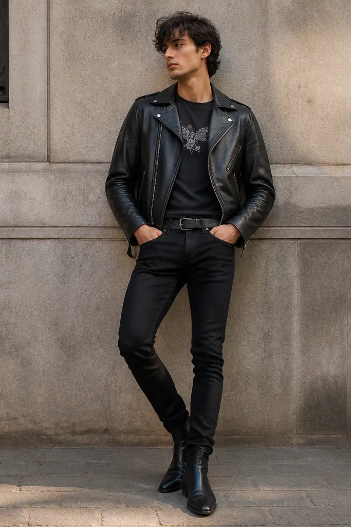 A black leather moto jacket over a dark graphic tee, black skinny jeans, and black leather boots. The jacket zips to the mid-chest and the tee shows a small logo.