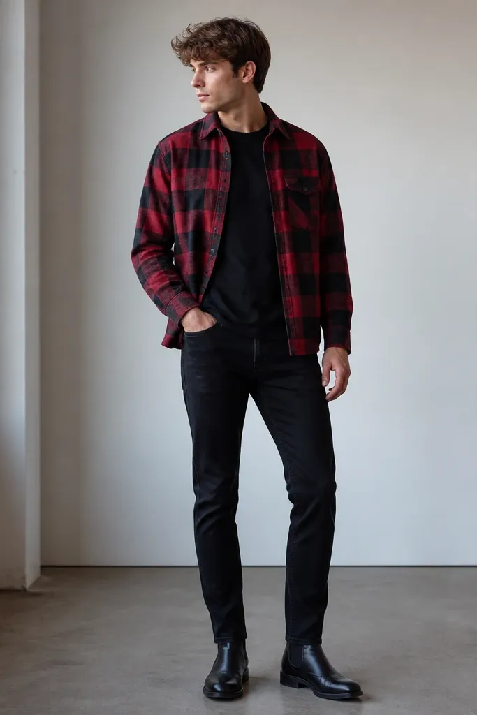 A red and black flannel overshirt worn open over a black tee, black jeans, and black Chelsea boots. The overshirt hem sits around the belt line.