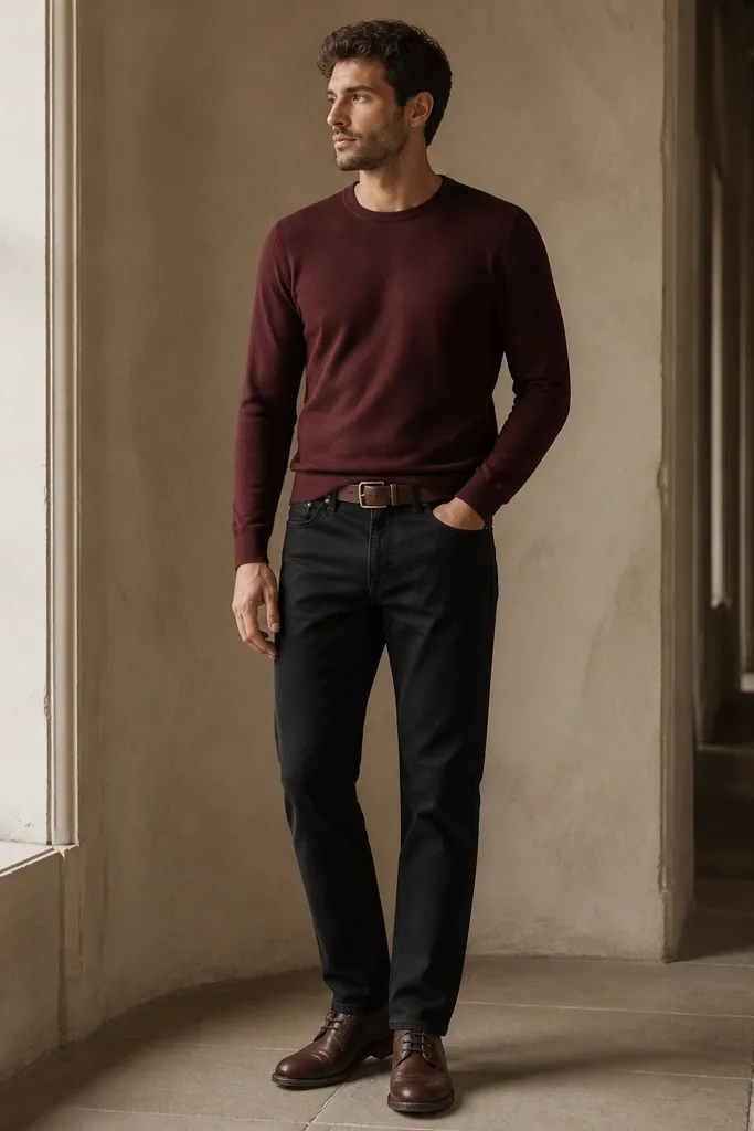 A burgundy crewneck sweater worn over black jeans with a straight cut, brown lace-up shoes, and a brown belt. The sweater collar sits flat and the cuffs show a clean line.