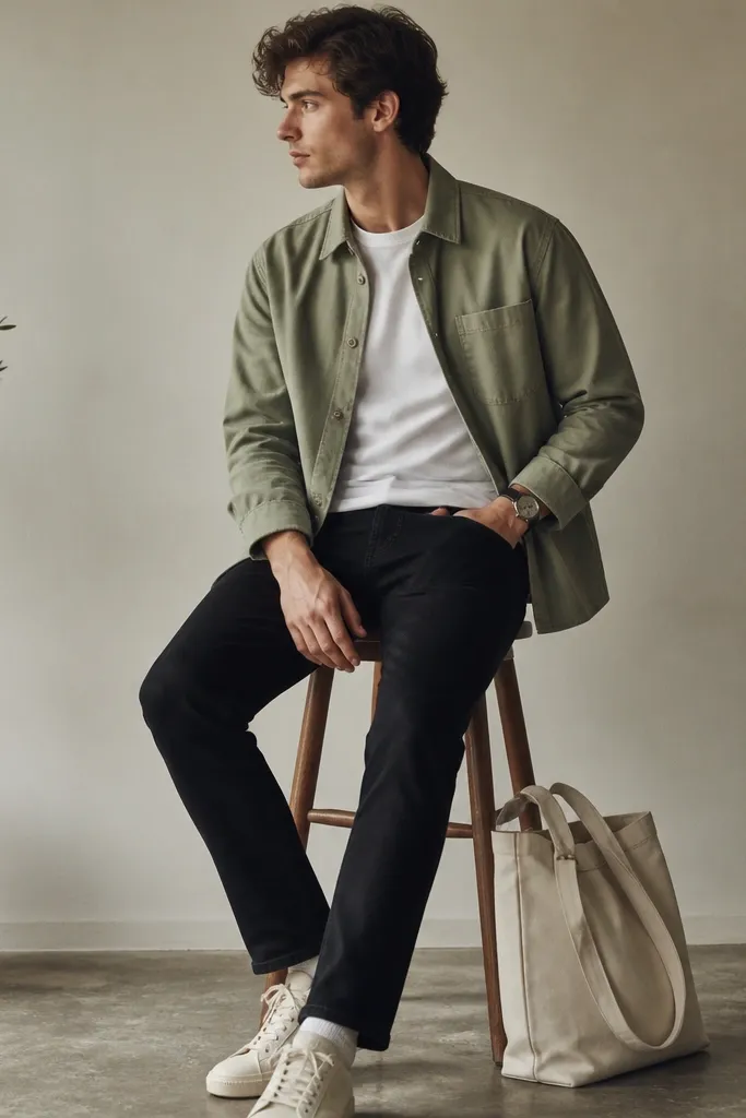 Sage green overshirt over a white tee, black jeans, and off-white sneakers. A simple watch and a canvas strap bag sit at the side.