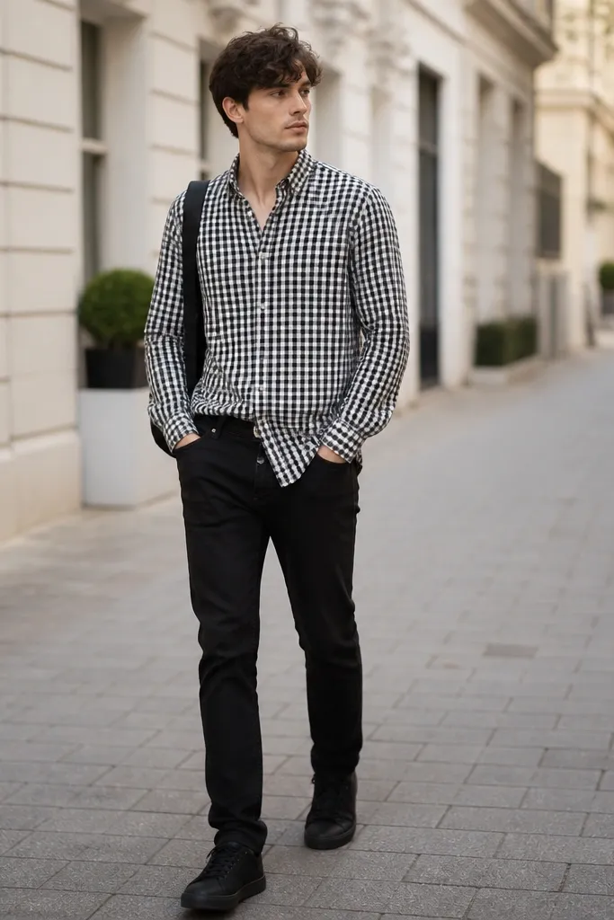 A black-and-white check button-up shirt worn half-tucked, black jeans, and black sneakers. The shirt sleeves are down with cuffs visible and a black backpack strap runs over one shoulder.