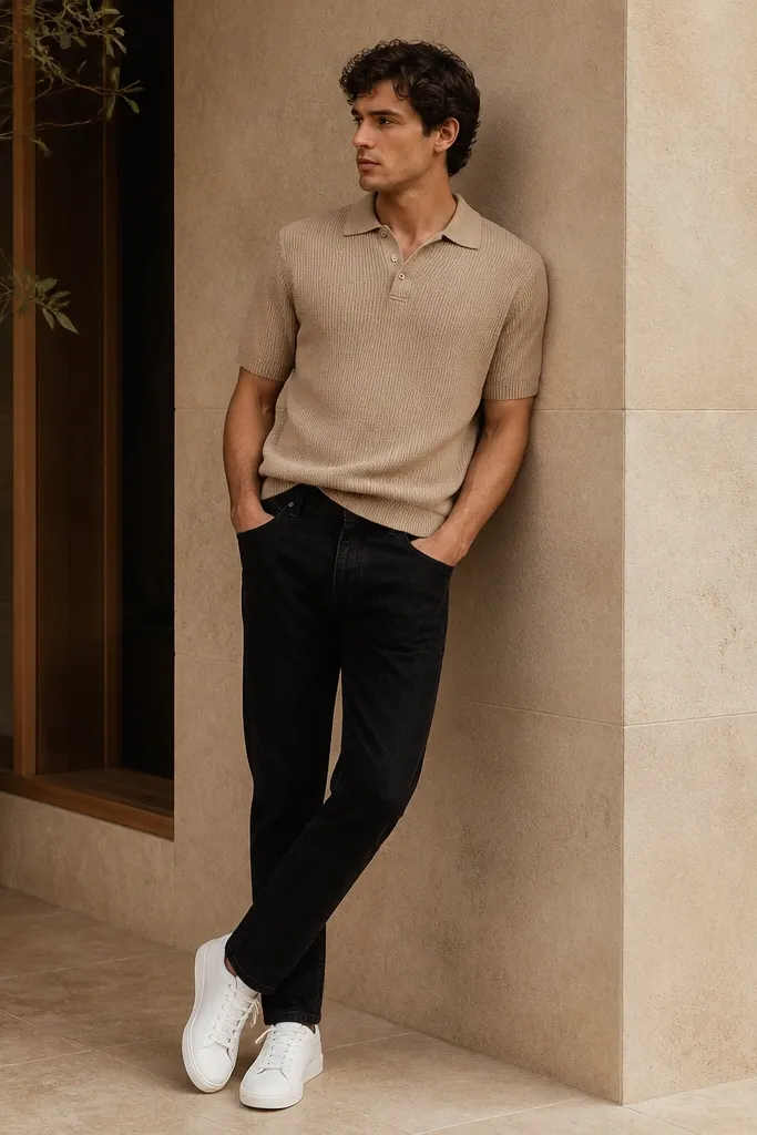 A tan knit polo shirt with a collar, worn untucked or slightly tucked, black jeans, and white sneakers. The fabric looks like soft knit with visible texture.