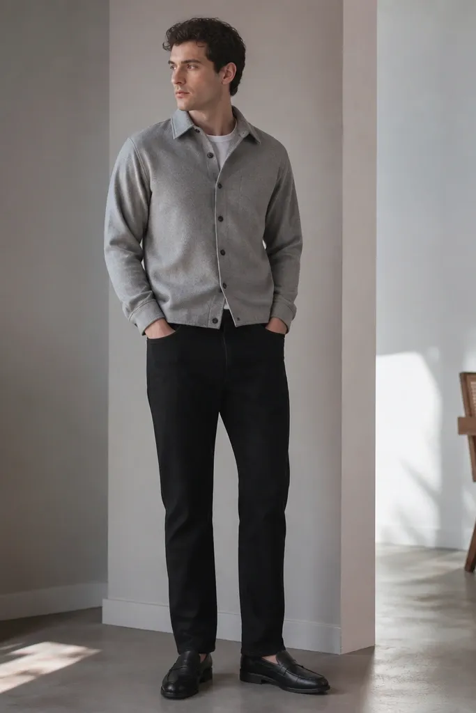 A light gray overshirt worn over a white tee, black jeans, and dark loafers. The overshirt is buttoned and the hem sits around the belt line.
