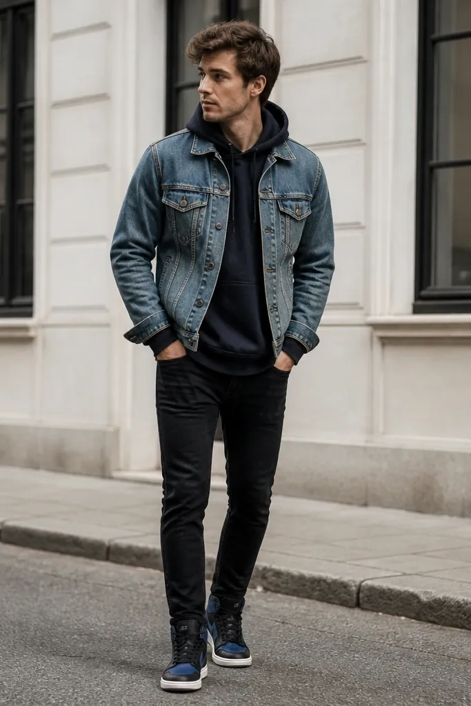 A navy hoodie under a medium-wash denim jacket, black jeans, and blue-black sneakers. The hoodie cuffs peek at the denim jacket sleeves.