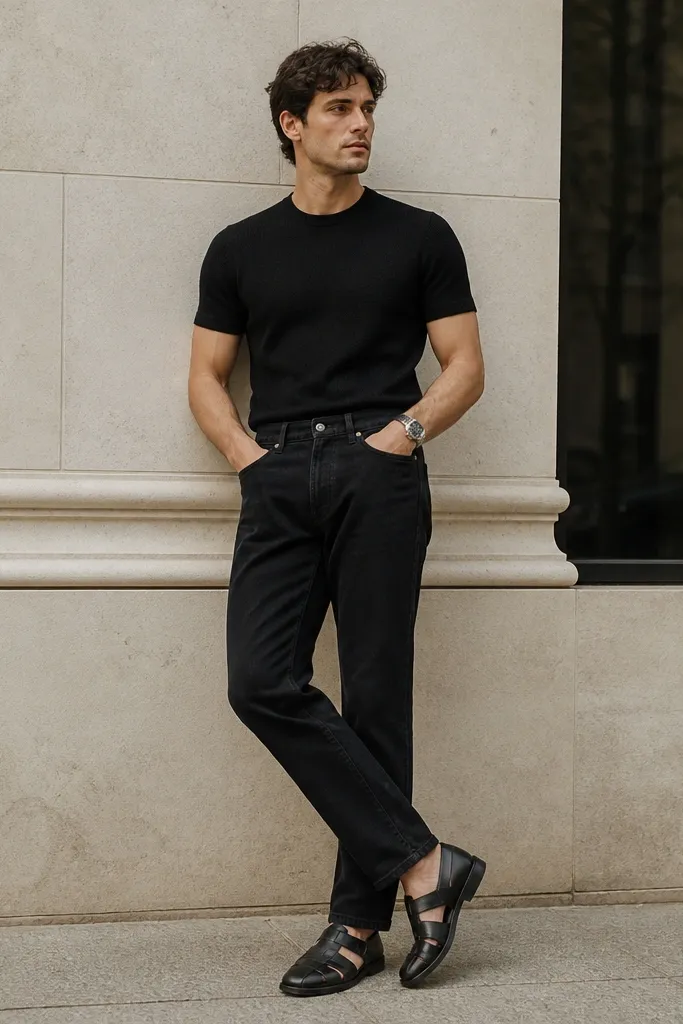 A black short-sleeve knit top tucked neatly into black jeans, with a visible silver watch on the wrist. The shoes are black leather sandals or minimalist sneakers.