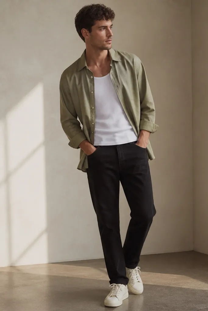 A white tank top layered under a light olive open overshirt, black jeans, and off-white sneakers. The overshirt is loose and drapes slightly at the sides.