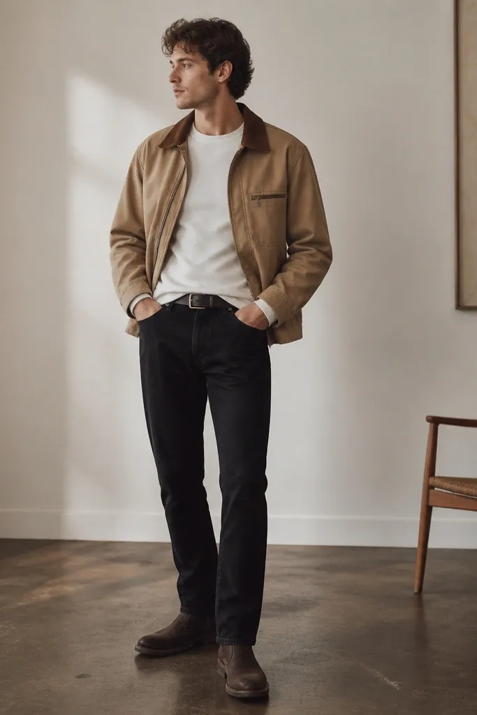 Black jeans with a white long-sleeve tee layered under a tan jacket, worn with the tee cuff showing at the wrist. Shoes are dark brown boots.