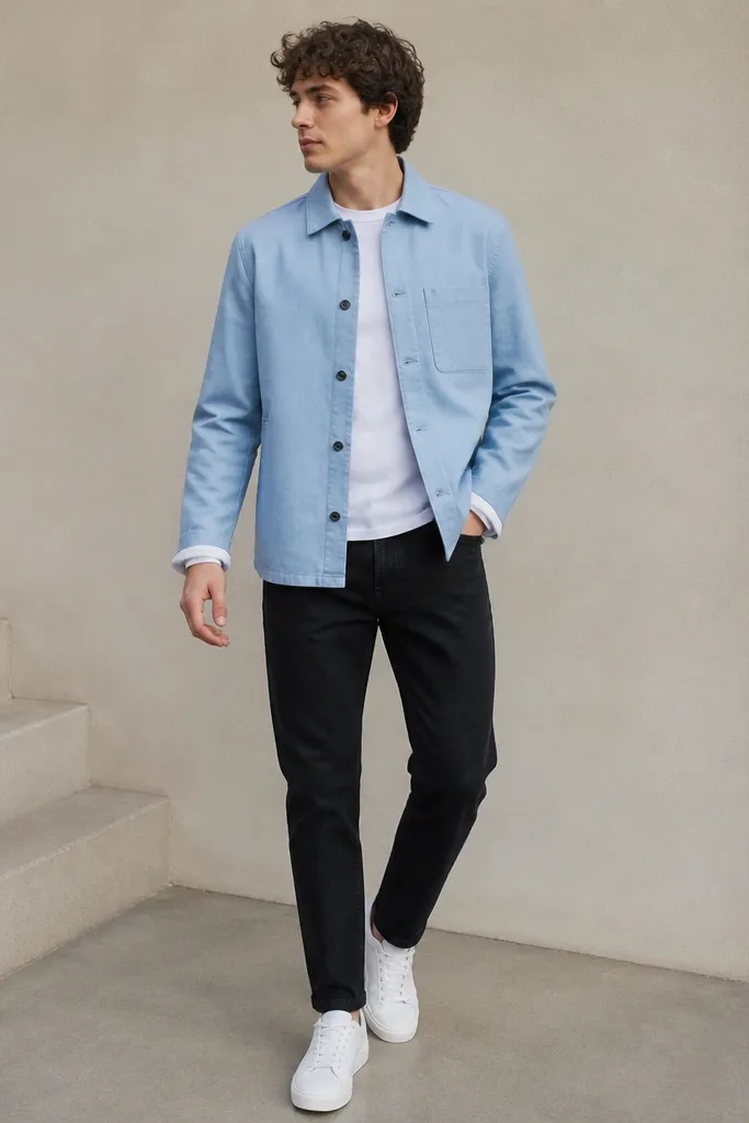A light blue shirt jacket worn over a simple white tee, paired with black jeans and white sneakers. The shirt jacket is buttoned and the cuffs show at the wrists.