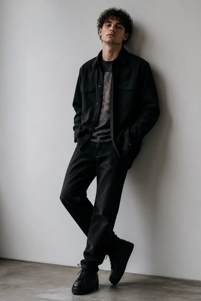 A black overshirt worn over a band tee with a small multicolor graphic, black jeans, and black platform sneakers. The overshirt is open slightly and the tee peeks at the edges.