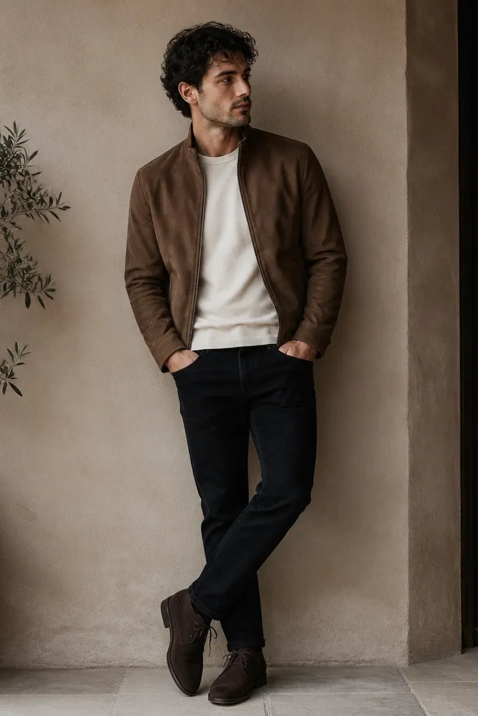 A mocha suede jacket worn over an off-white tee, paired with black jeans and dark brown suede shoes or chukkas. The jacket has a clean zip or minimal buttons.