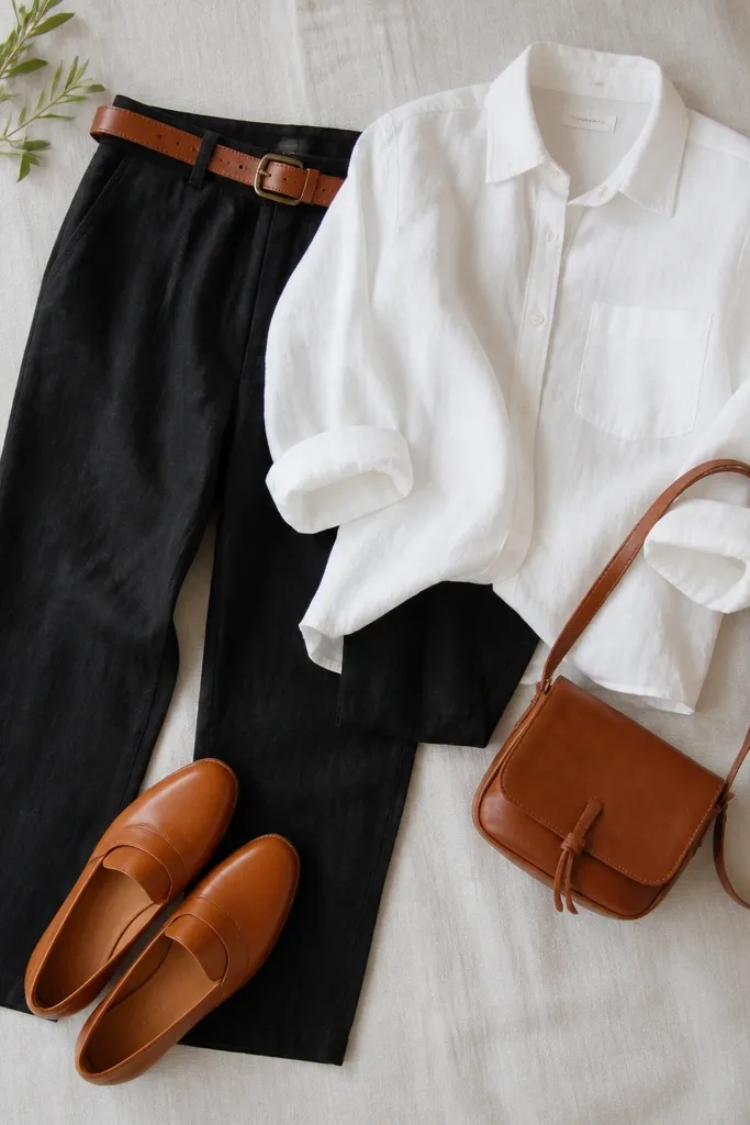 Outfit flat-lay: black linen pants with a cropped ankle break, a crisp white linen button-up half-tucked, tan leather loafers, a light brown belt, and a small crossbody bag in cognac leather.
