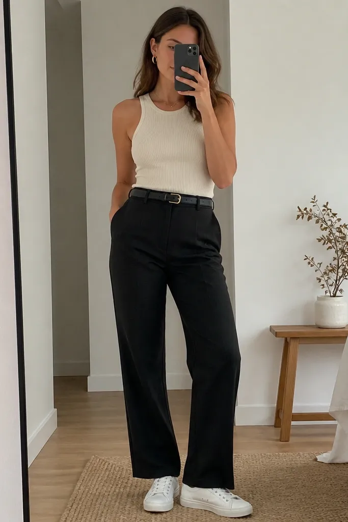 Mirror selfie style: black linen pants with a straight leg, a cream ribbed tank tucked in, a black skinny belt, white low-top sneakers, and gold hoop earrings.