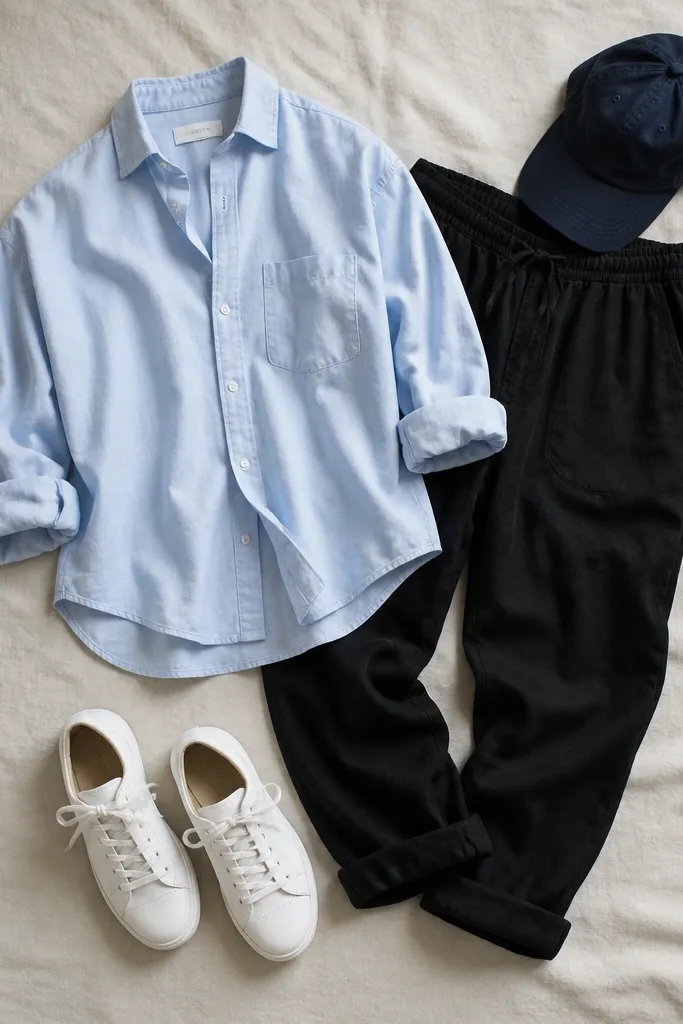 Flat lay: black linen pants, pale blue poplin button-down worn loose with sleeves rolled to mid-forearm, white sneakers, and a navy cap.