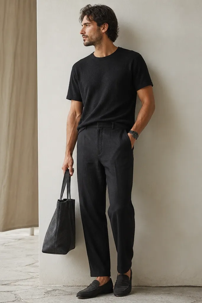 Outfit photo: black linen pants, a black textured tee (slub or waffle knit) worn slightly tucked, charcoal suede loafers, a matte black watch, and a dark gray tote.