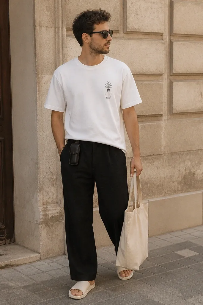 Street-style shot: black linen pants, white tee with a small chest graphic, white leather slides, a black sunglasses case hanging from a belt loop, and a neutral canvas tote.