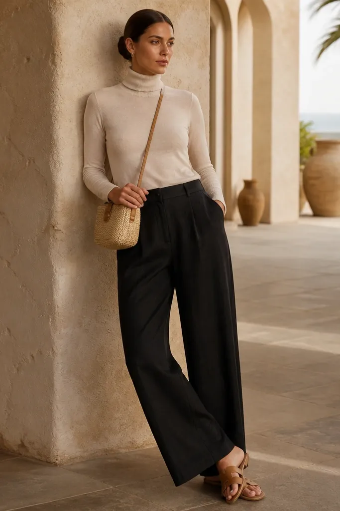 Warm-toned outfit: black linen pants, a cream thin-knit turtleneck fitted at the neck and lightly tucked, tan leather sandals, and a small straw-look crossbody in natural color.