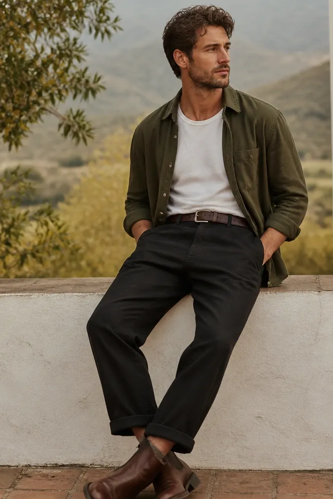 Fall-leaning outfit: black linen pants, olive overshirt worn open over a white tee, rolled cuffs, dark brown leather boots, and a leather belt.