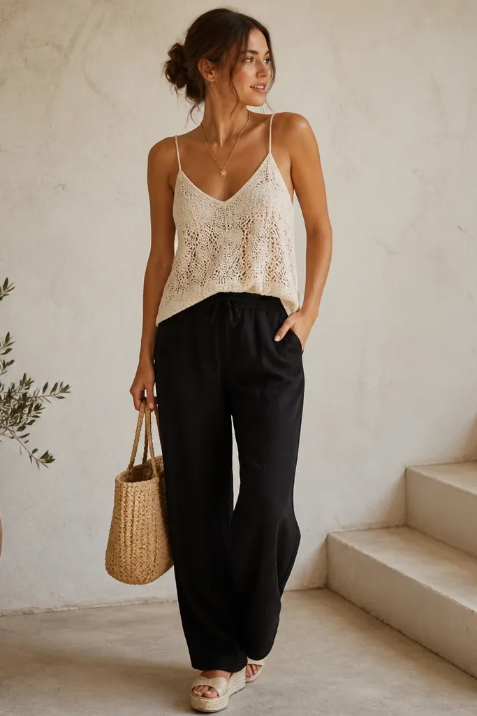 Texture-forward outfit: black linen pants, white crochet camisole worn over a nude seamless bra, layered gold necklace, espadrille wedges, and a wicker bag.