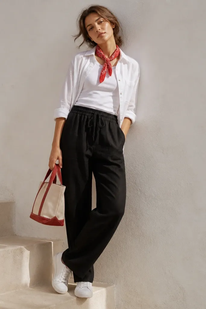 Casual styled look: black linen pants, white overshirt worn open over a plain white tee, red bandana tied at the neck, white canvas sneakers, and a red-and-white small tote.