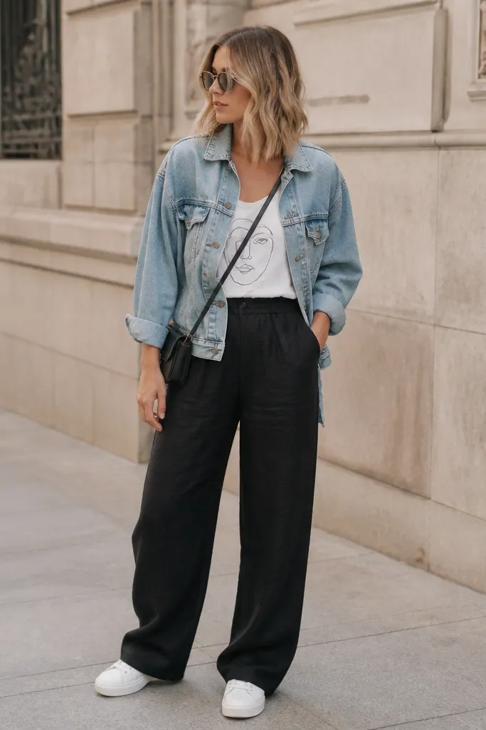 Layered street look: black linen pants, white graphic tank top tucked slightly, light wash denim jacket, white sneakers, and a small black crossbody.