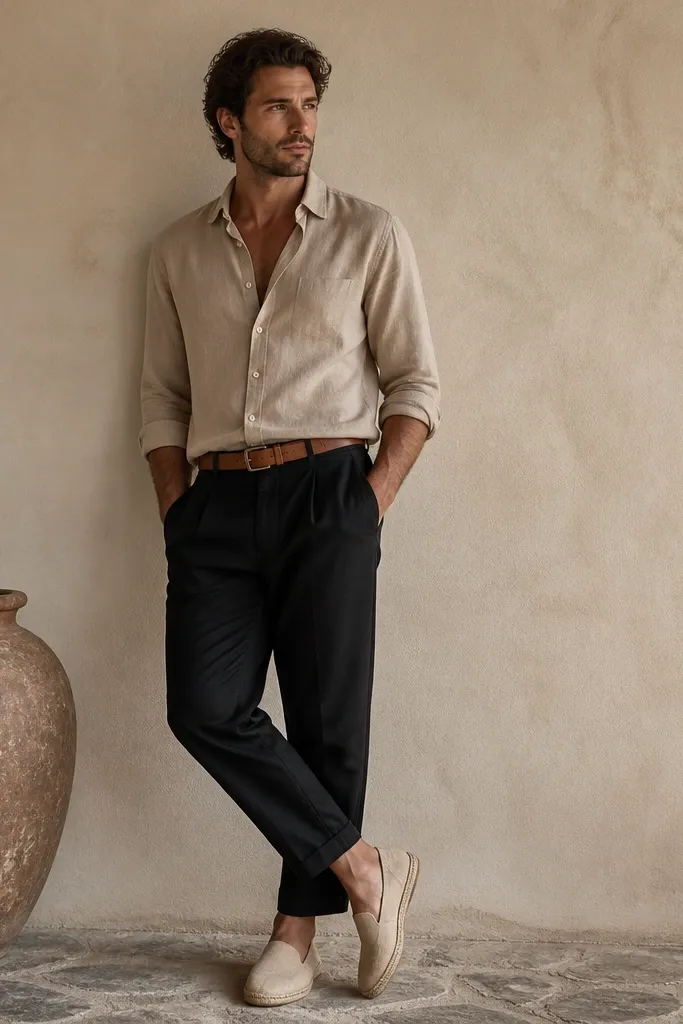 Monochrome warm neutral: black linen pants, sand linen shirt buttoned up to mid-chest, top half slightly tucked, natural espadrilles, and a tan belt.