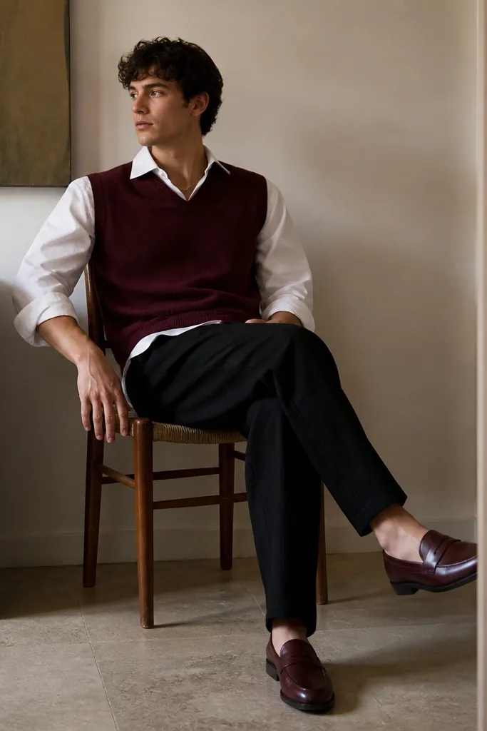 Layering look: black linen pants, white button-up worn under a burgundy sweater vest, burgundy loafers, and a slim gold chain.