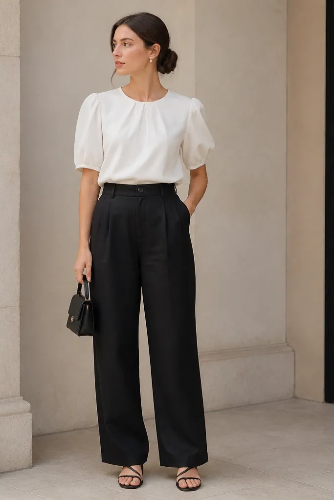 Soft, feminine look: black linen pants, white blouse with subtle puff sleeves tucked in, small pearl stud earrings, black strappy sandals, and a structured mini bag.