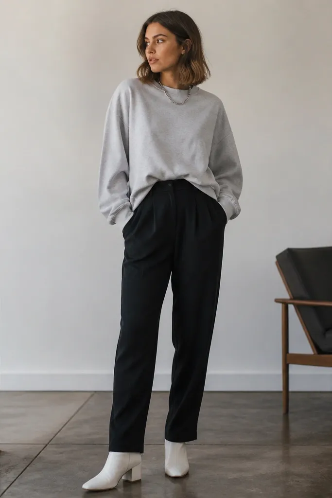 Cool-toned outfit: black linen pants, light gray crewneck sweatshirt worn loose with a front tuck, white leather ankle boots, and a silver chain necklace.