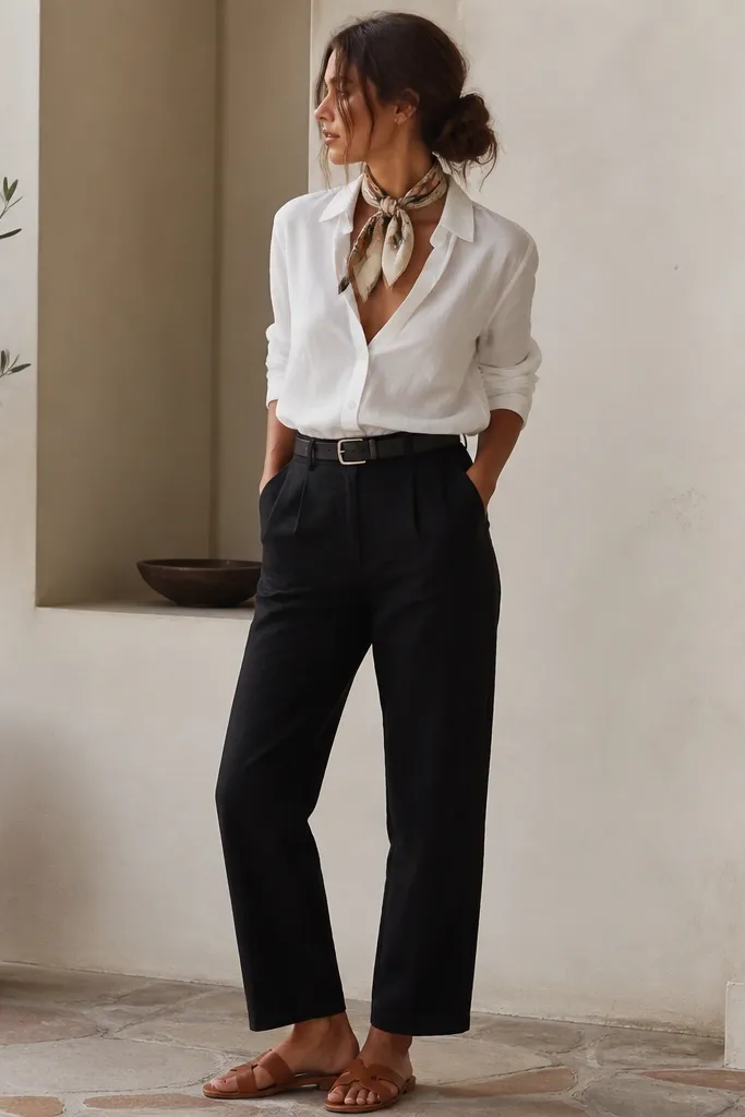 Accessory-focused outfit: black linen pants, white button-up slightly open, patterned scarf tied at the neck, black leather belt, and tan leather sandals.