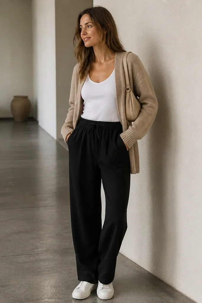 Layered casual: black linen pants, white tank, biscuit-colored cardigan worn open, white sneakers, and a small beige shoulder bag.