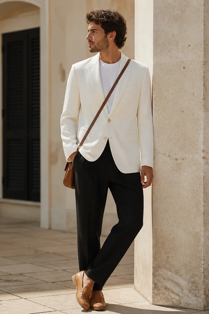 Smart casual: black linen pants, white blazer buttoned, white tee underneath, tan leather crossbody, and tan loafers.