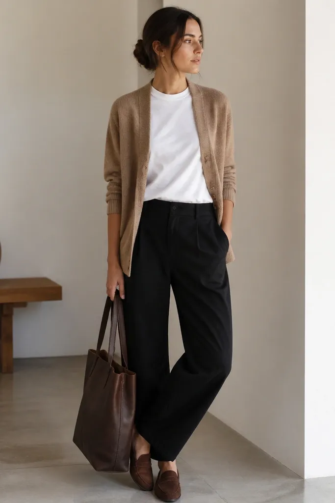 Cozy-smart: black linen pants, camel knit cardigan worn open, white tee underneath, dark brown suede loafers, and a leather tote.