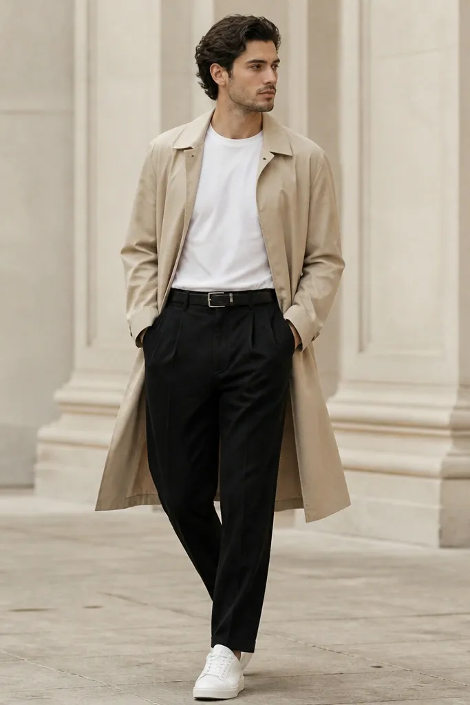 Transitional look: black linen pants, white t-shirt tucked in, beige lightweight trench coat worn open, black leather belt, and white sneakers.