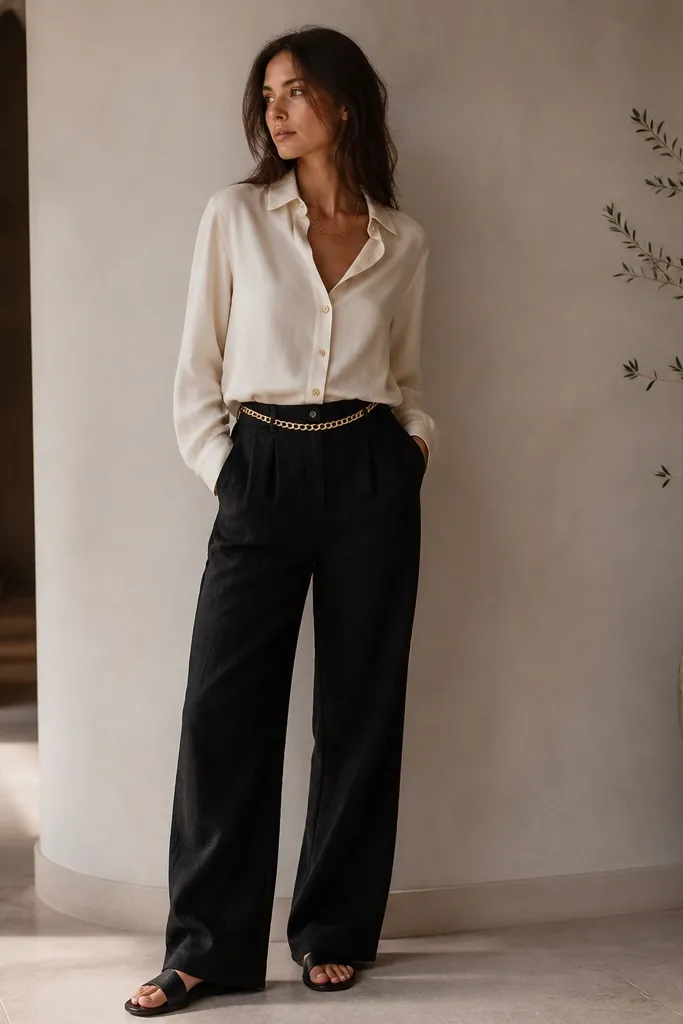 Minimal luxe: black linen pants, cream blouse with gold buttons, blouse tucked in, black slides, and a gold chain belt or thin necklace.
