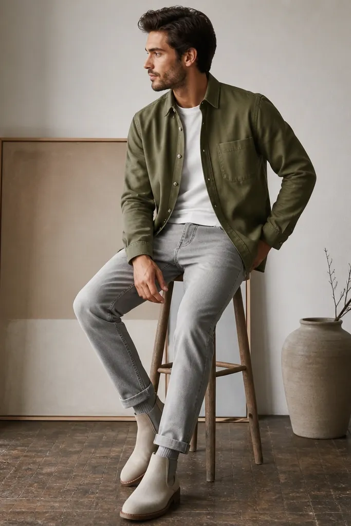 Outfit shows beige leather chelsea boots paired with light grey tapered jeans, an olive overshirt buttoned halfway, and a white tee underneath. The sock is light grey and barely visible above the boot.