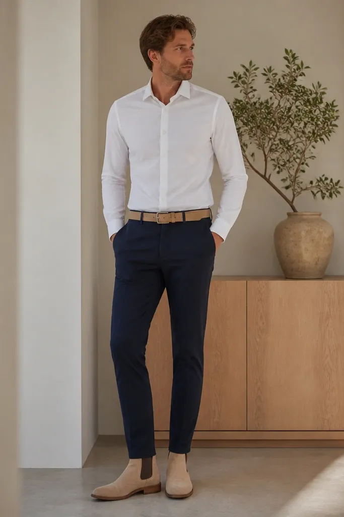 A man wears beige suede chelsea boots with navy chinos, a crisp white oxford shirt, and a matching beige belt. The hem stops just above the boot elastic, and the shirt is tucked neatly.