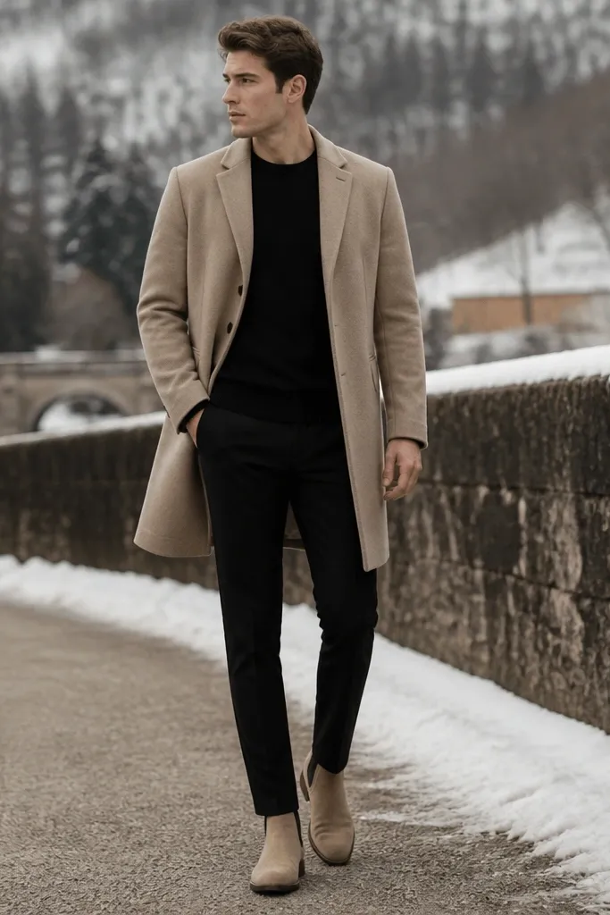 A winter outfit: beige suede chelsea boots with slim black trousers, a black crewneck sweater, and a beige overcoat. The overcoat falls to mid-thigh and frames the boots.