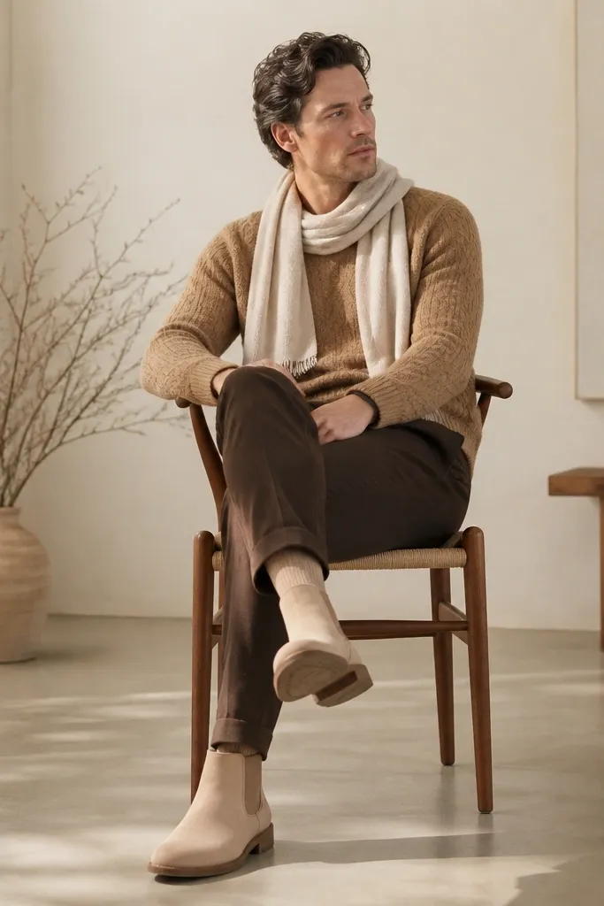 Beige chelsea boots with dark brown chinos, a camel wool sweater, and a light cream scarf. The boots look smooth and clean, with light socks.