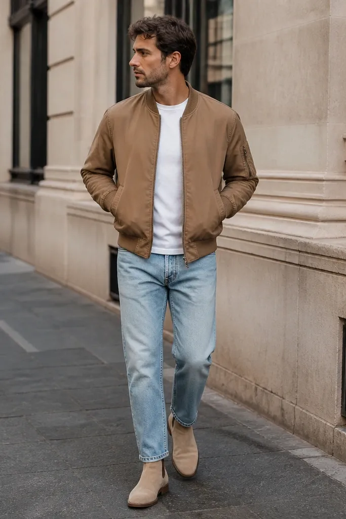 A casual street-style look: beige chelsea boots with light wash jeans, a plain white tee, and a tan bomber jacket. The hem is slightly cropped, showing the boot top.