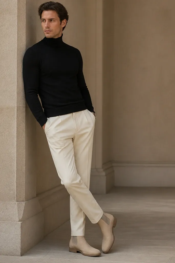 Beige chelsea boots paired with ecru chinos and a fitted black turtleneck. The outfit is monochrome at the top, with a clean beige-to-ecru transition at the legs.