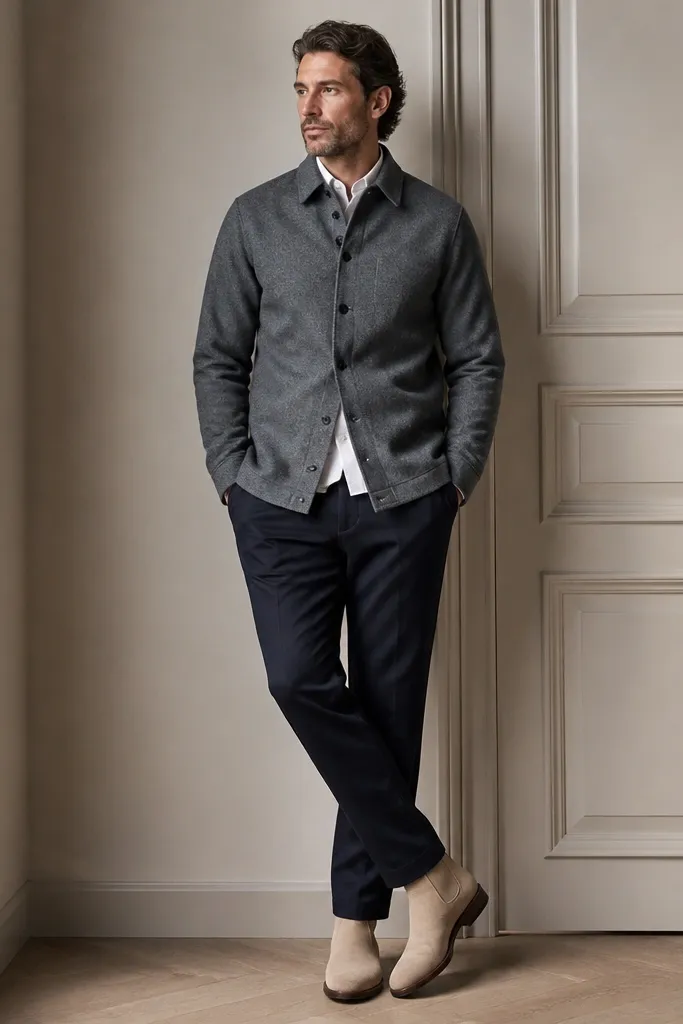 A man wears beige suede chelsea boots with navy trousers, a grey flannel overshirt, and a white shirt underneath. The overshirt is buttoned and the trousers have a clean break at the boot top.