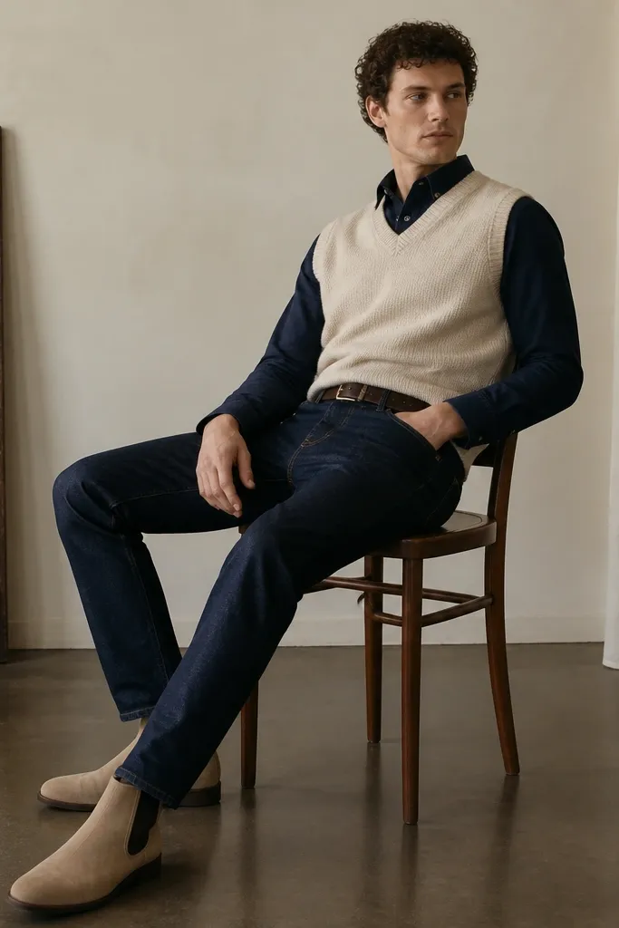 Beige chelsea boots with dark denim jeans, a cream sweater vest over a navy button-down, and a simple leather belt. The jeans are tapered and hemmed to the boot top.