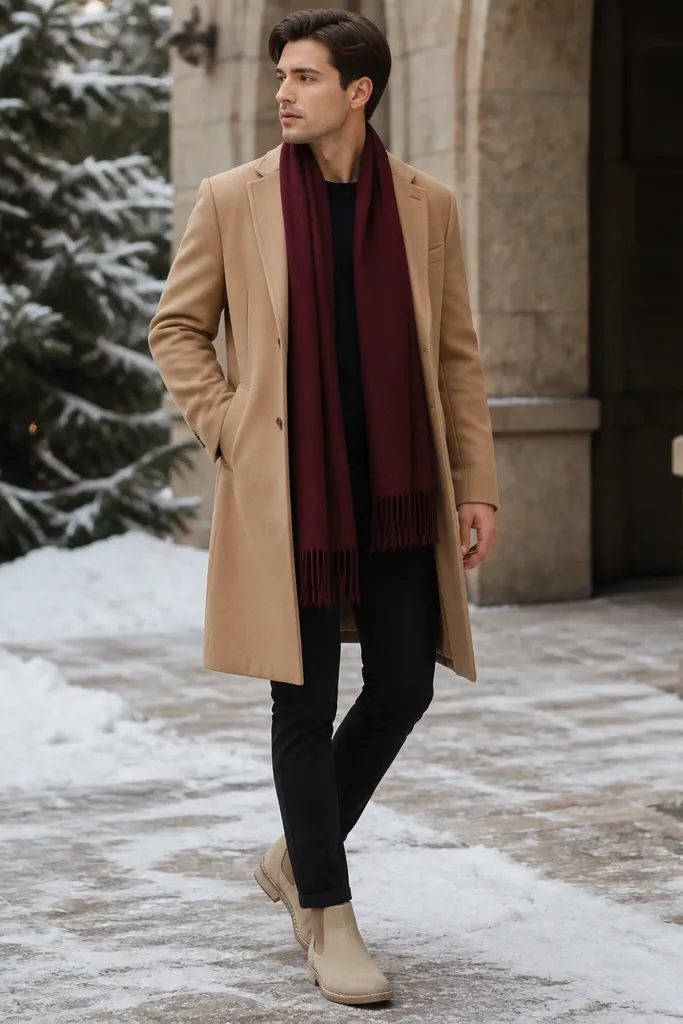 Winter event look: beige chelsea boots with black jeans, a tan overcoat, and a burgundy scarf. The boots are clean and the jeans stop at the boot top.