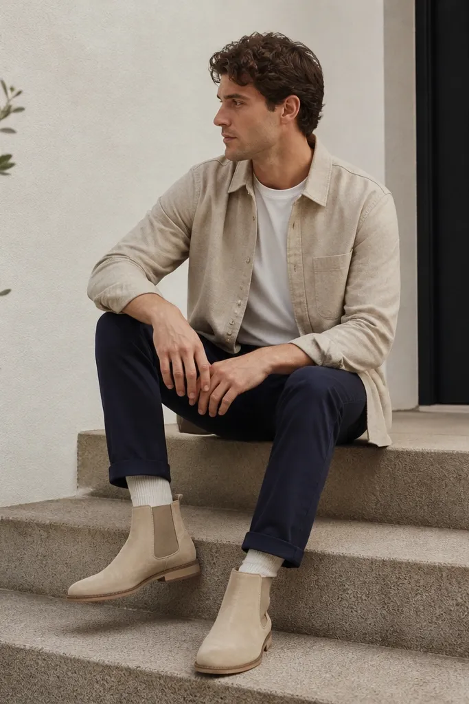 A coordinated neutral outfit: beige chelsea boots with navy chinos, a light beige overshirt, and a white tee. Cream socks are visible just above the boot line.