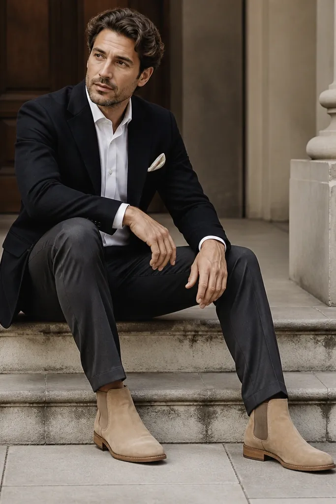 A smart setup: beige chelsea boots with charcoal suit trousers, a white dress shirt, and a small folded pocket square peeking from a dark blazer. The trousers have a clean break over the boot.