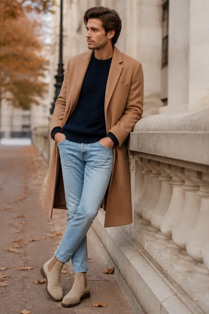 A fall outfit: beige chelsea boots with light denim jeans, a navy knit sweater, and a camel overcoat. The jeans are tapered and hemmed to show the boot top clearly.