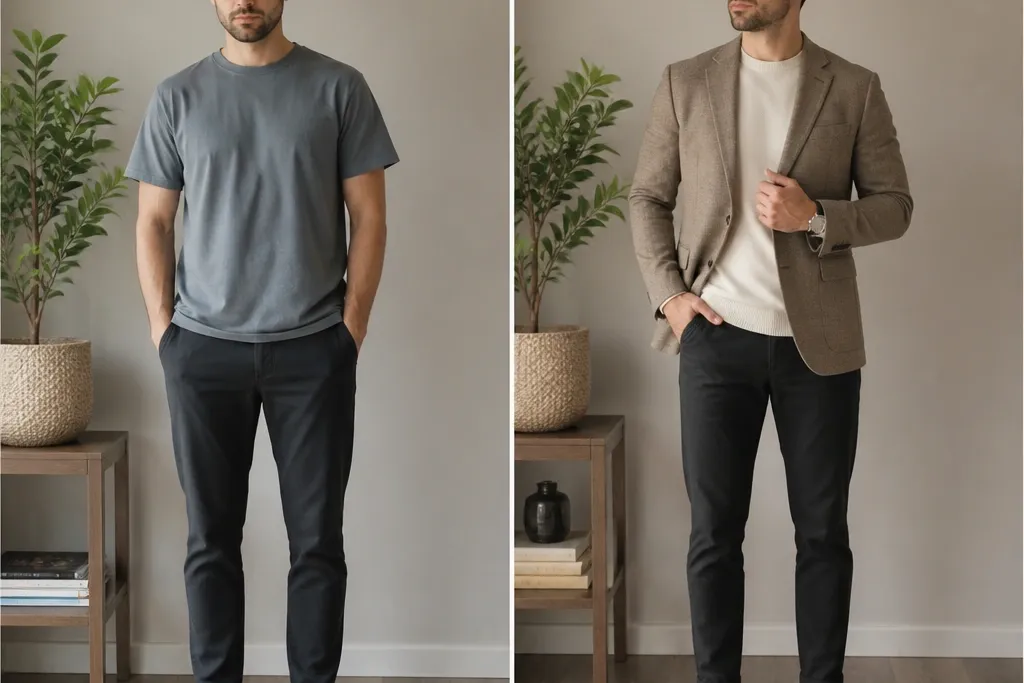 Beige Chelsea Boots Men Outfit Before and After Transformation