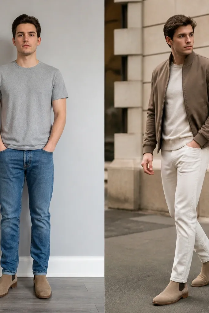 Beige Chelsea Boots Men Outfit Before and After Transformation