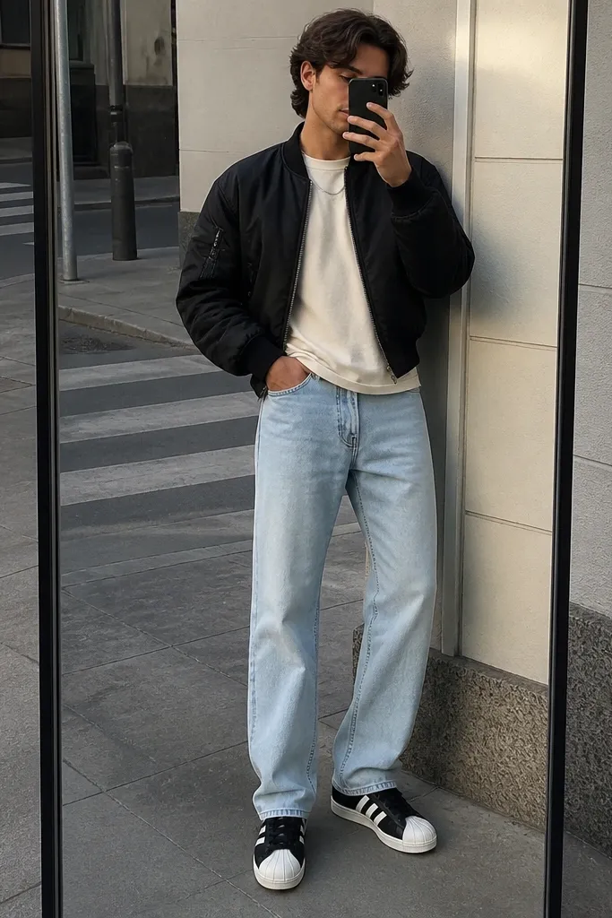 A man's outfit shown on a full-body mirror: black adidas Superstar sneakers with white shell toe, a cream crewneck tee, light-wash straight-leg jeans with a relaxed thigh, and a cropped black bomber jacket with ribbed cuffs. A thin silver chain peeks at the collar. The background is a simple street corner.