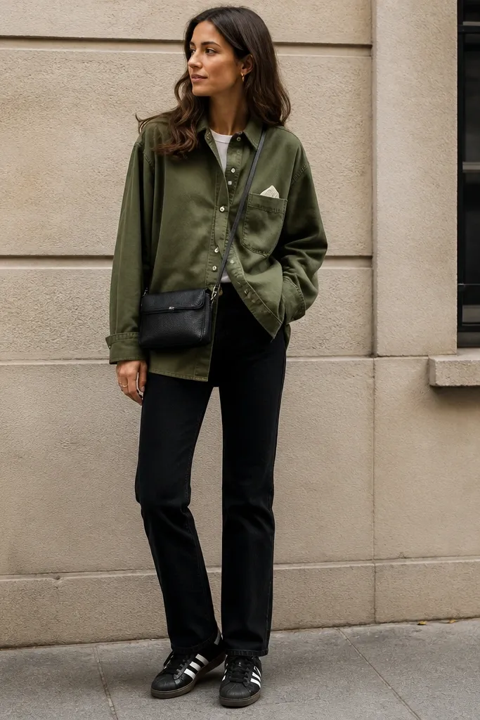A woman's outfit photographed outdoors: black adidas Superstar sneakers, black skinny-to-straight jeans, an olive green overshirt worn buttoned at the top two buttons, and a white tee peeking at the collar with a small pocket-square style detail. The overshirt has utility buttons and a slightly oversized fit. A small crossbody bag sits at waist height.